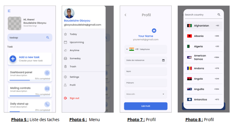 Inerfaces utilisateurs de l'application mobile Tasapp